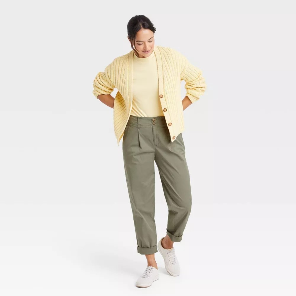 Women's High-Rise Pleat Front Tapered Chino Pants - A New Day- Green